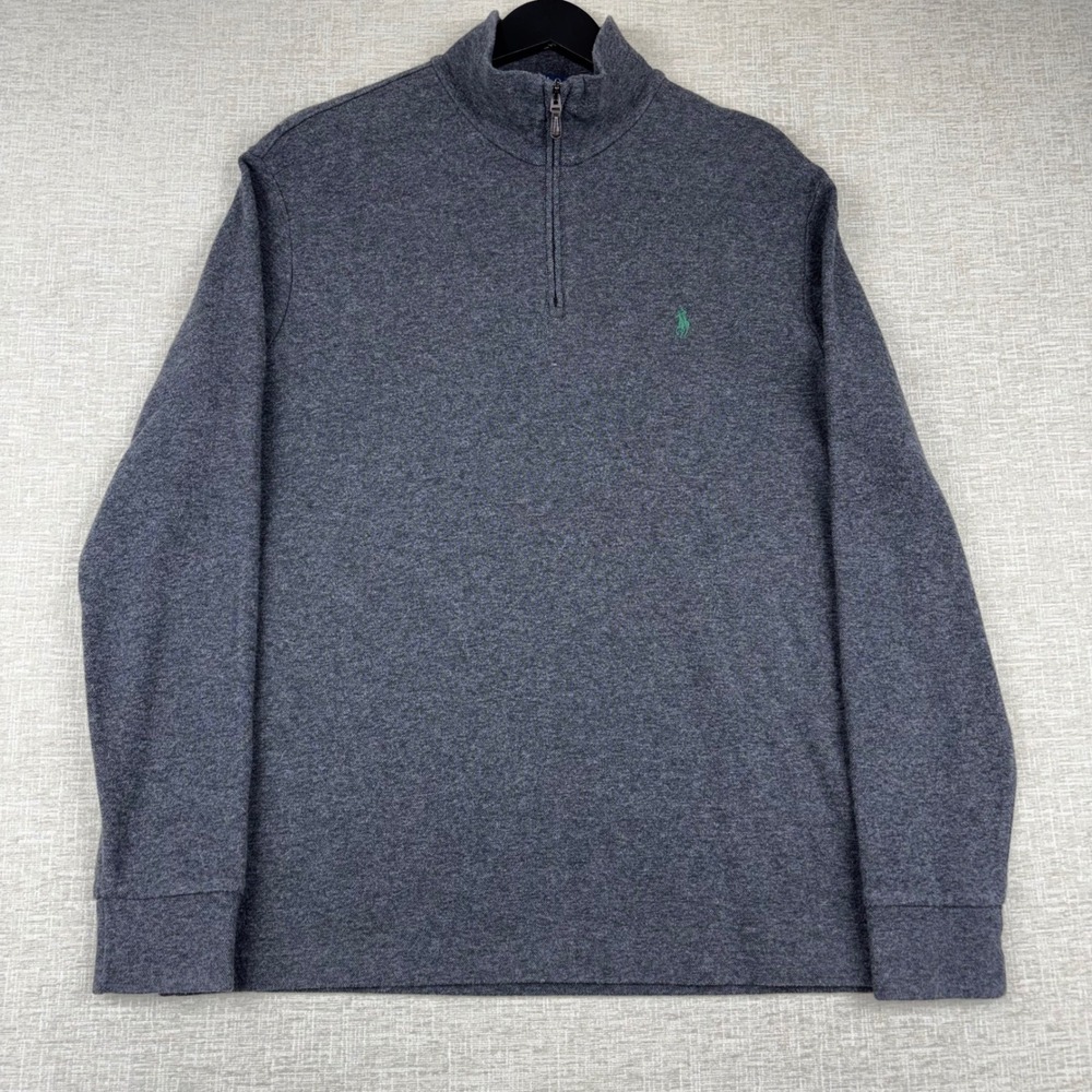 Polo Ralph Lauren Mens Large Gray Pique Quarter Zip Pullover Sweater Green Pony